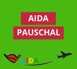 Seitenansicht von AIDAcosma auf dem Meer. Links darüber die Grafik eines startenden Flugzeugs, rechts unten das AIDA Logo.