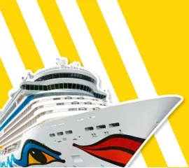 Junge Frau in der Abenddämmerung am Strand. Sie trägt ein weißes Kleid und läuft in Richtung Meer. Darüber Aufschrift Montag bis Freitag ab 12 Uhr Täglich neue Traumrouten sowie das AIDA Logo.