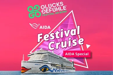 AIDAprima auf dem Meer vor einem pinken Hintergrund, auf dem das Logo der AIDA FESTIVAL Cruise und das Logo von GLÜCKSGEFÜHLE abgebildet sind.