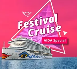 AIDAprima auf dem Meer vor einem pinken Hintergrund, auf dem das Logo der AIDA FESTIVAL Cruise und das Logo von GLÜCKSGEFÜHLE abgebildet sind.