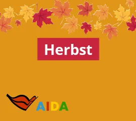 AIDAcosma im Sonnenuntergang auf See. Am rechten unteren Bildrand ist eine Grafik mit einigen goldenen und rotbraunen Herbstblättern zu sehen.