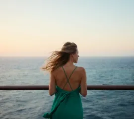 Eine Frau steht an der Reling eines Schiffes der Mein Schiff®-Flotte. Sie schaut nach rechts und dabei wehen ihre blonden Haare im Wind.