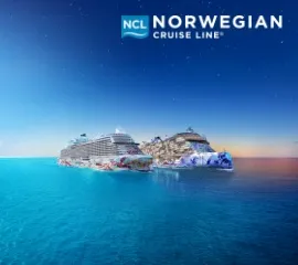 Die Norwegian Luna und ein weiteres Kreuzfahrtschiff auf dem offenen Meer im Sonnenuntergang. Oben rechts das Logo der Norwegian Cruise Line.