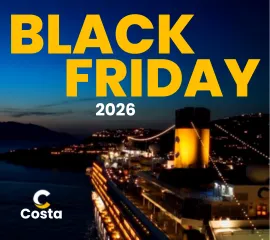 Banner der Costa Black Friday Aktion mit einem hell erleuchteten Costa Schiff auf dem dunklen Meer und der Aufschrift Black Friday 2026 in gelb und weiß.