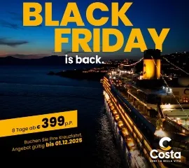 Banner der Costa Black Friday Aktion mit einem hell erleuchteten Costa Schiff auf dem dunklen Meer und der Aufschrift Black Friday is back in gelb und weiß. Unten Angebotsbeschreibung: 8 Tage ab 399 € p. P. gültig bis 01.12.2025 sowie das Costa Logo.