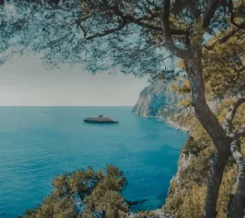 Eines der EXPLORA Schiffe im Mittelmeer. Das Schiff liegt im Hintergrund vor einer felsigen Küste, das Bild wird von Bäumen und Vegetation eingerahmt.