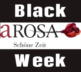 A-ROSA Logo auf weißem Hintergrund. Darüber und darunter Aufschrift Black Week in weißer Schrift auf schwarzem Grund.