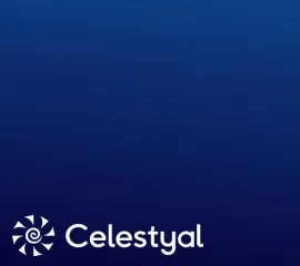 Das Logo von Celestyal Cruises mit einem sonnenähnlichen Emblem auf blauem Grund.