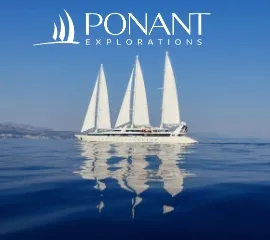 Das Segenschiff LE PONANT im Mittelmeer. Oben das Logo 