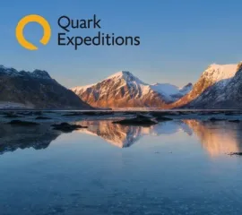 Die Berge Patagoniens und das Logo von Quark Expeditions.