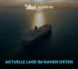 Ein Schiff von TUI Cruises auf hoher See. Das Logo von Ahoi-Schiff.de und der Schriftzug: Aktuelle Lage im Nahen Osten.