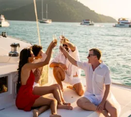 Ein erwachsener Freundesgruppe sitzt an Bord ihrer Adults-Only Kreuzfahrt und stößt mir Sekt an.