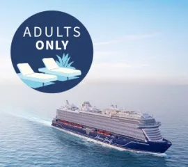 Die Mein Schiff Relax auf offener See. Das Adults Only Logo mit zwei entspannten Liegestühlen oben links.
