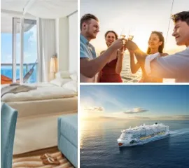 3-teiliges Bild: Links Verandakabine Comfort auf AIDAnova, rechts oben: Eine Gruppe von Freunden (2 Frauen, 2 Männer) stößt mit Sekt auf die gemeinsame Kreuzfahrt an, rechts unten: AIDAcosma auf dem Meer.