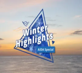 Das Logo der Winter Highlights Special von AIDA mit dem Meer im Hintergrund.