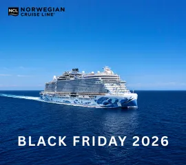 Norwegian Prima auf hoher See. Das NCL Logo und der Schriftzug "Black Friday 2026" befinden sich auf dem Werbebild.