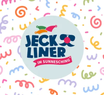 Das Logo des Jeckliner im Sunnesching 2027 von <i>Mein Schiff</i> vor einem Konfetti-Hintergrund.
