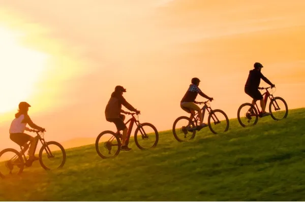 Eine Gruppe von vier Personen fährt mit e-Bikes im Sonnenuntergang: Sie haben die Radreise Kreuzfahrt von A-ROSA gebucht.