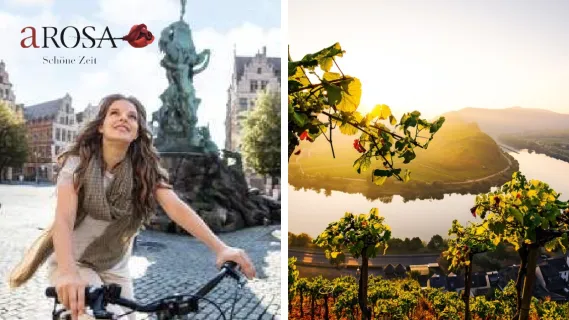 Auf einem E-Bike fährt eine Frau durch die Stadt. Buchen auch Sie die Radreisen mit A-ROSA.