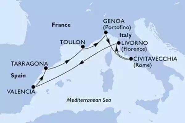 Route: Genua - Rom / Civitavecchia - Livorno - Valencia - Tarragona - Toulon