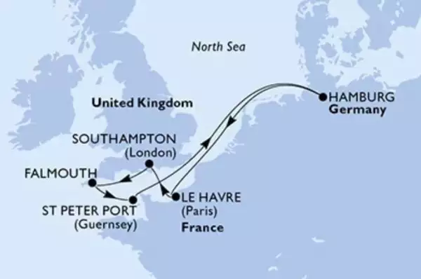 Route: Le Havre (Paris) - Southampton - Falmouth - Saint Peter Port - Hamburg