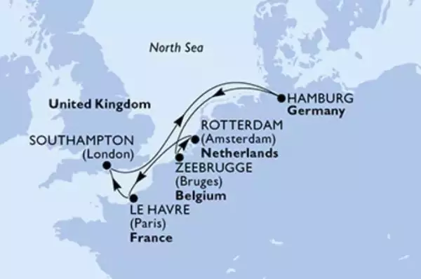 Route: Hamburg - Zeebrügge - Rotterdam - Le Havre (Paris) - Southampton