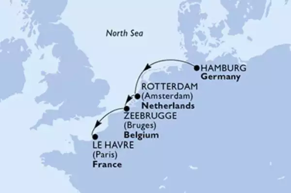Route: Hamburg - Rotterdam - Zeebrügge - Le Havre (Paris) - Southampton
