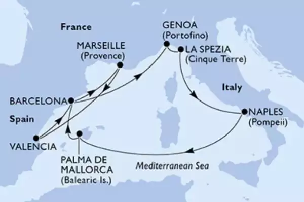 Route: Marseille - Valencia - Barcelona - Genua - La Spezia - Neapel - Palma de Mallorca