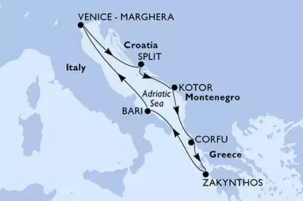 Route: Venedig - Split - Kotor - Korfu - Zakynthos - Bari