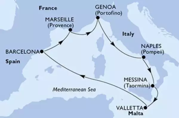 Route: Barcelona - Marseille - Genua - Neapel - Messina - Valletta