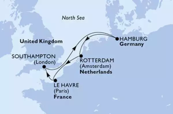 Route: Southampton - Hamburg - Rotterdam - Le Havre (Paris)