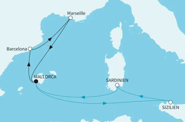 Die Route des Full Metal Cruises: In Schwarz die Route von Part I – Palma, Barcelona, Marseille, Palma. In Blau dieRoute von Part II – Palma, Sizilien, Sardinien, Palma. Zusammen bildet sich die Kombireise.