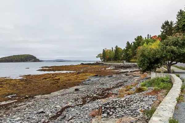 Auslug nach Bar Harbor in Maine während einer Expeditions-Seereise nach Nordamerika. Der felsige Strand hebt sich vom blauen Meerwasser ab.