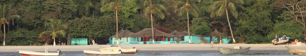 Sandstrand mit Palmen und kleinen Booten auf den Bissagos-Inseln. Diese können Sie während Ihrer Expeditions-Seereise nach Westafrika erkunden.