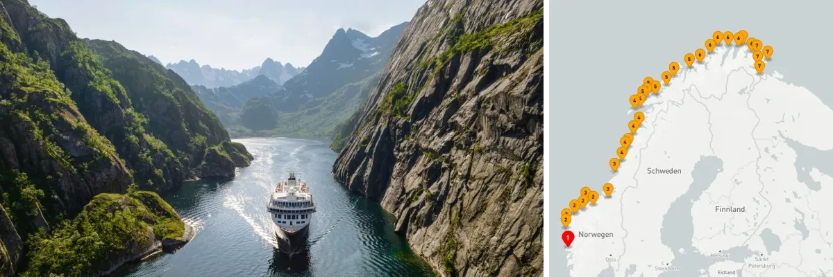 Zwei-geteiltes Bild: links ein Schiff von Havila Voyages in einem norwegischen Fjord, rechts die Routenkarte der klassischen Postschiffroute mit 11 Nächten ab Bergen.