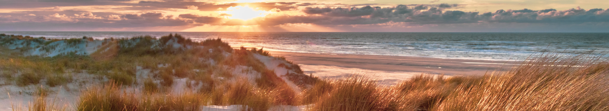 Panoramaaufnahme eines stimmungsvollen Sonnenuntergangs über dünenbedecktem Sandstrand mit goldenem Abendlicht am Meer.