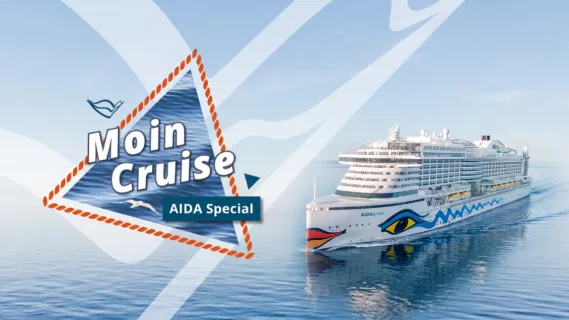 AIDA MOIN Cruise 2027 – Eventreise auf AIDAprima Das Kreuzfahrtschiff AIDAprima auf blauer See mit dem offiziellen Event-Logo der AIDA MOIN Cruise.