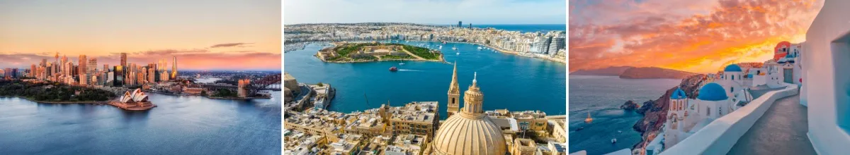 3-teilige Collage: links der Hafen von Sydney, in der Mitte Valletta und rechts Santorini bei Sonnenuntergang.