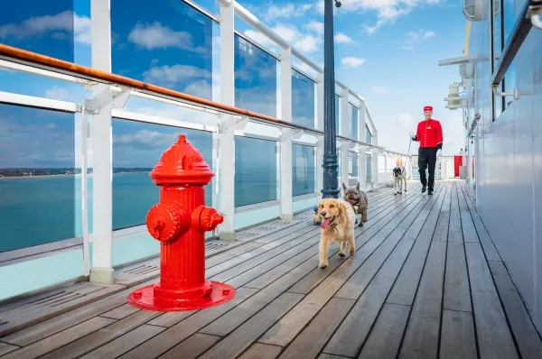 Ein Kennel Master von Cunard in rotem Outfit führt Hunde auf Deck aus. Dort steht ein New Yorker Hydrant und eine Straßenlaterne aus Liverpool.