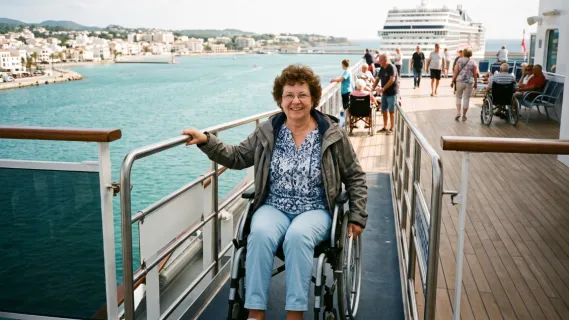 Barrierefreie Kreuzfahrten für Senioren und Menschen mit Behinderung Seniorin im Rollstuhl lächelt auf der barrierefreien Rampe eines Kreuzfahrtschiffs vor einer Küstenkulisse.