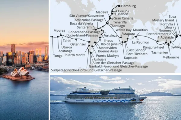 3-teiliges Bild: links das Operngebärde in Sydney beim Sonnenuntergang, oben rechts Route der Weltreise 2026/2027, unten rechts Außenansicht von AIDAsol auf dem Meer.