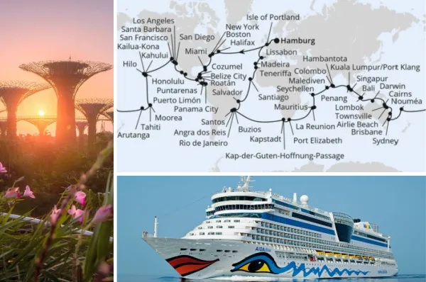 3-teiliges Bild: links Gardens by the Bay in Singapur, rechts oben die Reiseroute der Weltreise 2027/2028, unten links AIDAdiva in Seitenansicht auf hoher See.