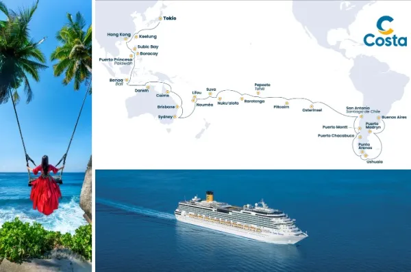 3-teiliges Bild: links eine Frau auf einer Schaukel zwischen zwei Palmen auf Bali, rechts oben die Route der Costa Weltreise 2026, rechts unten ein Bild der Costa Serena auf See.