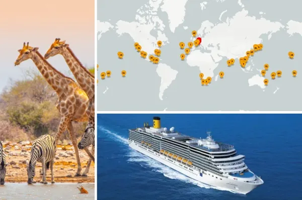 3-teiliges Bild: links zwei Giraffen und ein Zebra in Südafrika, Rechts oben die Route der Costa Weltreise 2026/2027, rechts unten ein Bild der Costa Deliziosa.