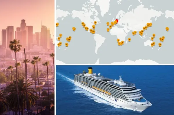 3 teiliges Bild: links die Skyline von Los Angeles bei Dämmerung, rechts oben die Routenkarte der Costa Weltreise 2027/2028, rechts unten die Costa Deliziosa in der Seitenansicht.