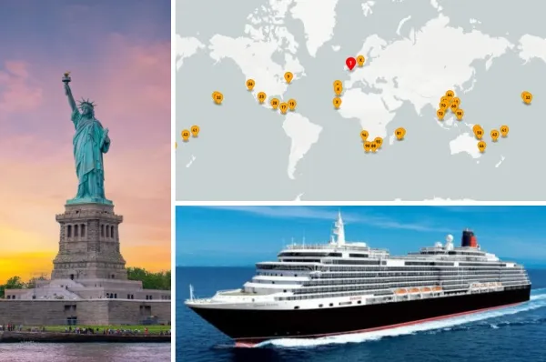 Drei-geteiltes Bild: links die Freiheitsstatue in New York, rechts oben die Route der Cunard Weltreise 2027, rechts unten das Schiff Queen Victoria in Seitenansicht.
