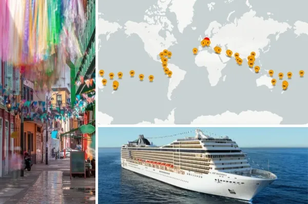3-teiliges Bild: Links eine bunte Gasse in Callao, oben rechts die Route der Weltreise 2028, unten links die MSC Magnifica in Seitenansicht auf hoher See.