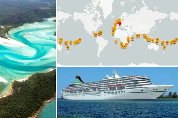 3-teiliges Bild: links der Whitehaven Beach auf Whitsunday Island in Australien, Oben rechts die Route der Weltreise 2026/2027, unten rechts die MS Artania in Seitenansicht.