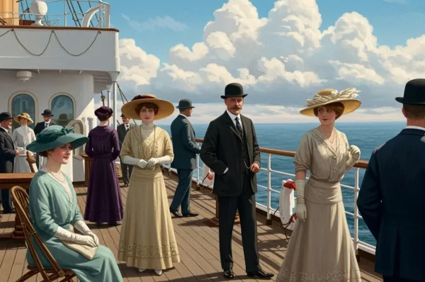 Grafik: Eine Gruppe Menschen ist in formeller Kleidung der 1910er Jahre gekleidet auf einem Ozeandampfer.