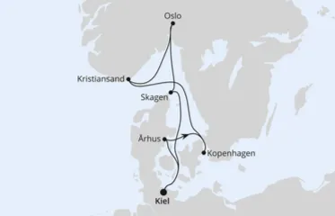 Route der COMEDY Cruise mit AIDAnova Kiel - Arhus - Kopenhagen - Seetag - Kristiansand - Oslo - Skagen - Kiel.